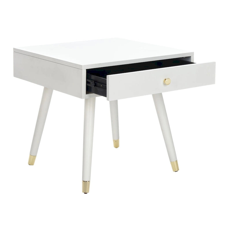 Tavolino rotondo Mid-Century con cappuccio dorato – Blu navy / Bianco / Marrone | 61 cm L x 61 cm P x 56,6 cm H