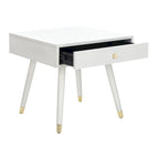 Tavolino rotondo Mid-Century con cappuccio dorato – Blu navy / Bianco / Marrone | 61 cm L x 61 cm P x 56,6 cm H