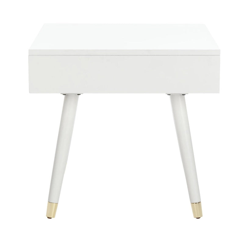 Tavolino rotondo Mid-Century con cappuccio dorato – Blu navy / Bianco / Marrone | 61 cm L x 61 cm P x 56,6 cm H