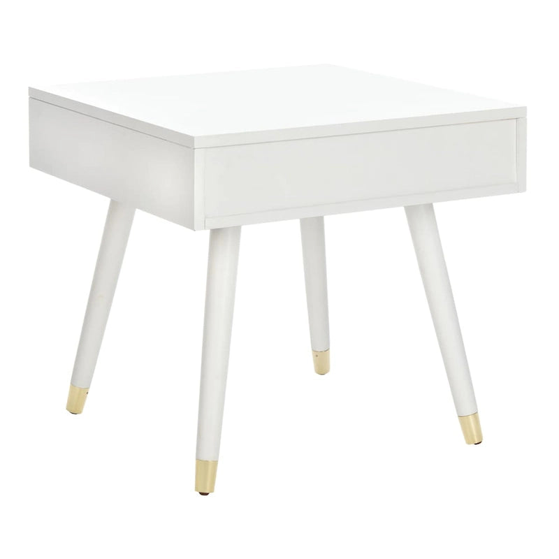 Tavolino rotondo Mid-Century con cappuccio dorato – Blu navy / Bianco / Marrone | 61 cm L x 61 cm P x 56,6 cm H