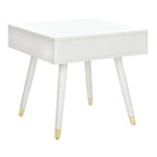 Tavolino rotondo Mid-Century con cappuccio dorato – Blu navy / Bianco / Marrone | 61 cm L x 61 cm P x 56,6 cm H