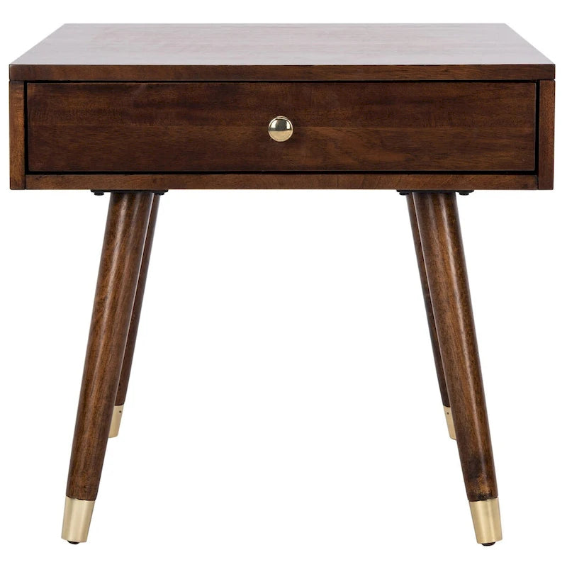 Tavolino rotondo Mid-Century con cappuccio dorato – Blu navy / Bianco / Marrone | 61 cm L x 61 cm P x 56,6 cm H