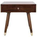 Tavolino rotondo Mid-Century con cappuccio dorato – Blu navy / Bianco / Marrone | 61 cm L x 61 cm P x 56,6 cm H