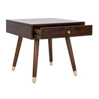 Tavolino rotondo Mid-Century con cappuccio dorato – Blu navy / Bianco / Marrone | 61 cm L x 61 cm P x 56,6 cm H