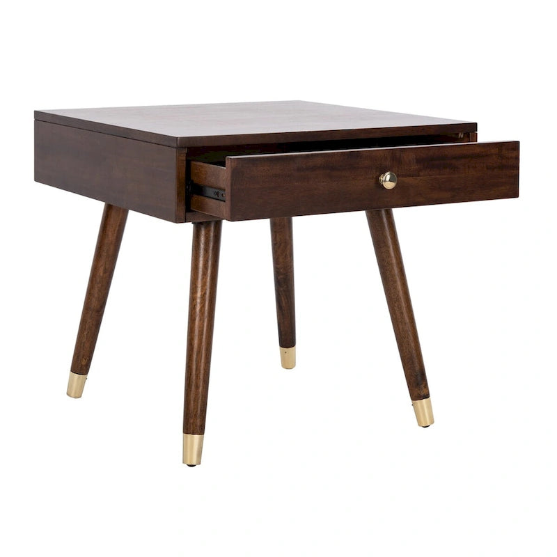 Tavolino rotondo Mid-Century con cappuccio dorato – Blu navy / Bianco / Marrone | 61 cm L x 61 cm P x 56,6 cm H