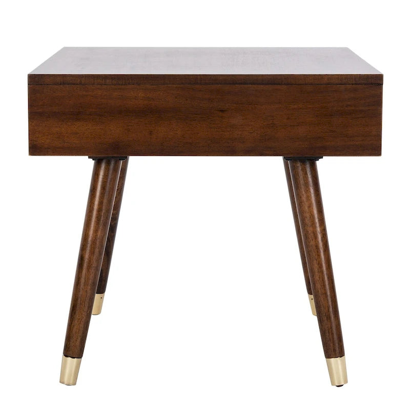 Tavolino rotondo Mid-Century con cappuccio dorato – Blu navy / Bianco / Marrone | 61 cm L x 61 cm P x 56,6 cm H