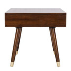 Tavolino rotondo Mid-Century con cappuccio dorato – Blu navy / Bianco / Marrone | 61 cm L x 61 cm P x 56,6 cm H