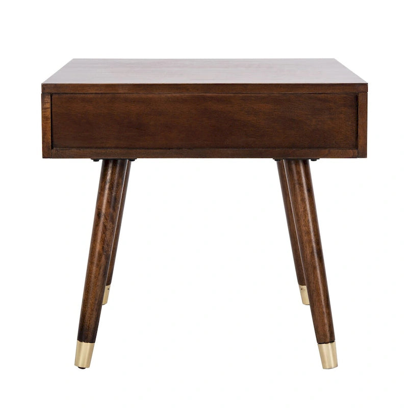 Tavolino rotondo Mid-Century con cappuccio dorato – Blu navy / Bianco / Marrone | 61 cm L x 61 cm P x 56,6 cm H