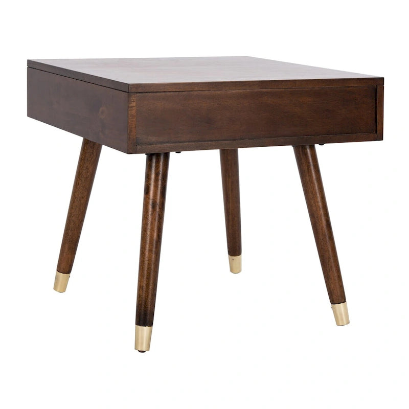 Tavolino rotondo Mid-Century con cappuccio dorato – Blu navy / Bianco / Marrone | 61 cm L x 61 cm P x 56,6 cm H