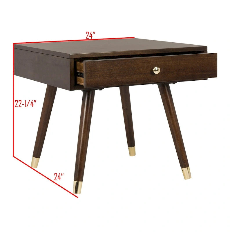 Tavolino rotondo Mid-Century con cappuccio dorato – Blu navy / Bianco / Marrone | 61 cm L x 61 cm P x 56,6 cm H