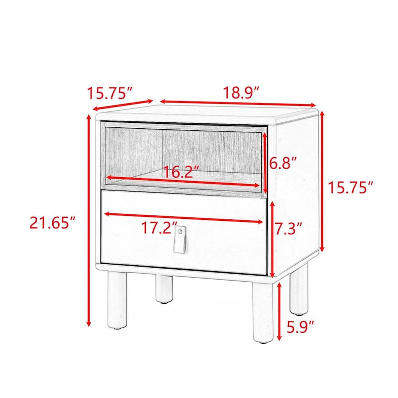 Comodino in legno verde/bianco con cassetto e ripiano aperto, 1 persona