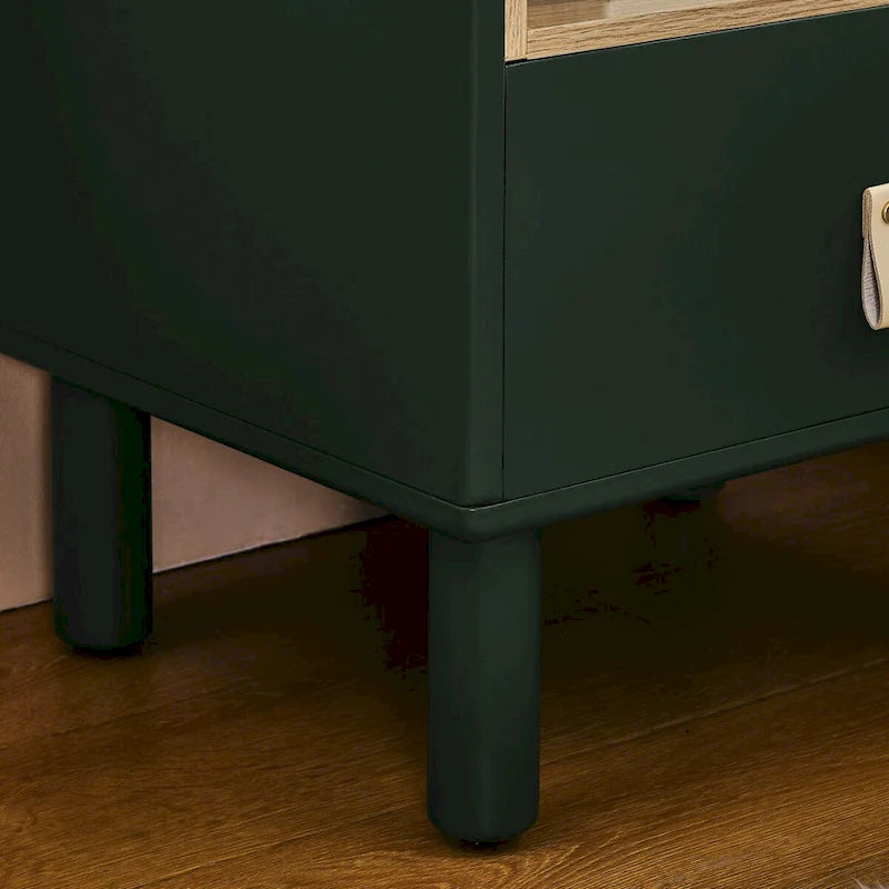 Comodino in legno verde/bianco con cassetto e ripiano aperto, 1 persona