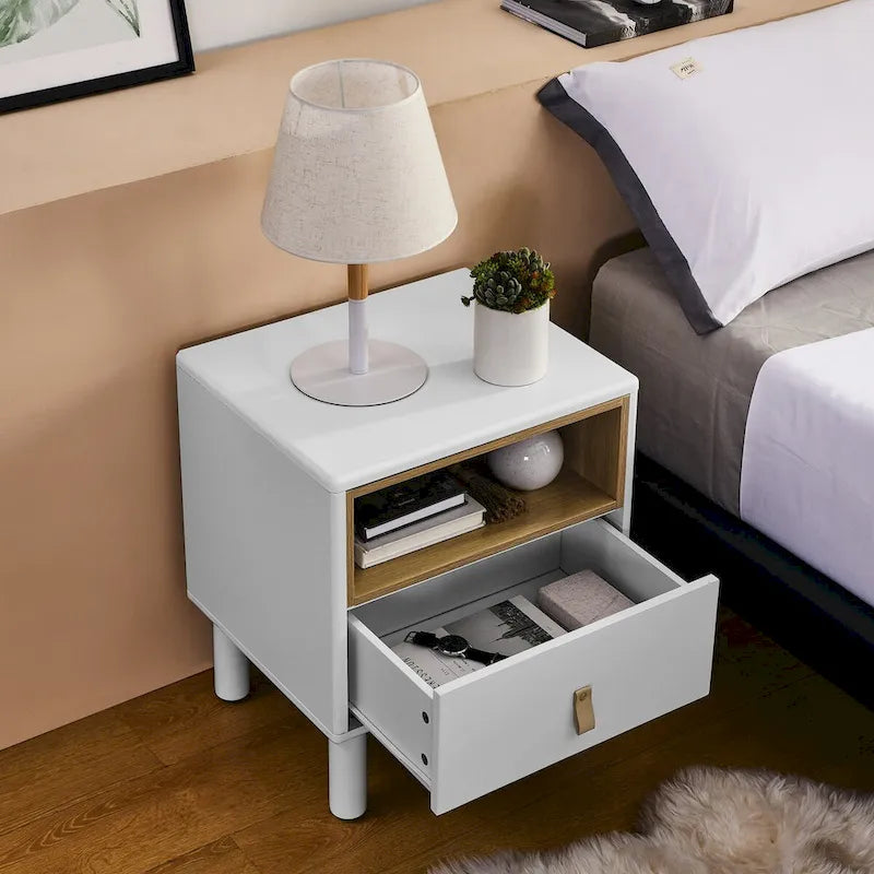 Comodino in legno verde/bianco con cassetto e ripiano aperto, 1 persona