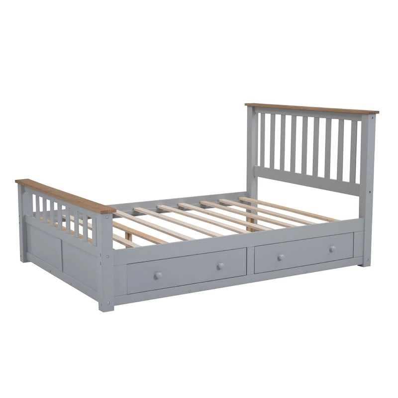 Letto a piattaforma in legno con 2 cassetti e supporto a doghe in legno