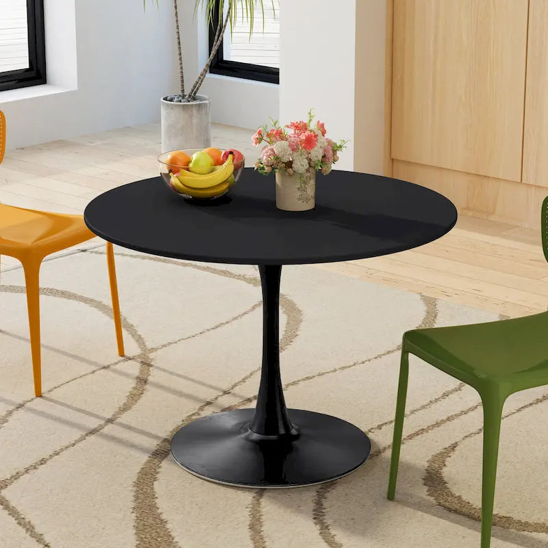 Tavolo da pranzo rotondo, bianco/nero/marmo, base in metallo, per 2-4 persone
