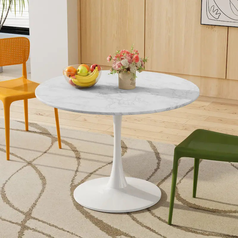 Tavolo da pranzo rotondo, bianco/nero/marmo, base in metallo, per 2-4 persone