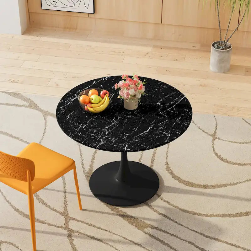Tavolo da pranzo rotondo, bianco/nero/marmo, base in metallo, per 2-4 persone