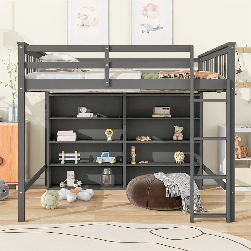 Letto a soppalco full size bianco/grigio con 8 ripiani portaoggetti e scaletta – 1 posto
