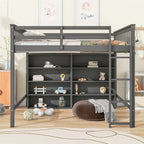 Letto a soppalco full size bianco/grigio con 8 ripiani portaoggetti e scaletta – 1 posto