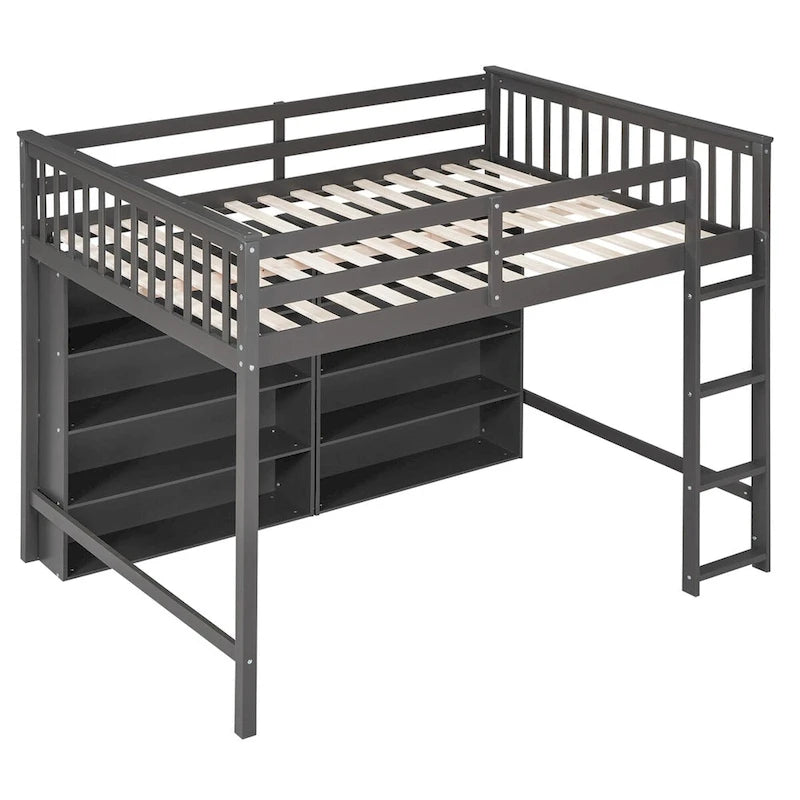 Letto a soppalco full size bianco/grigio con 8 ripiani portaoggetti e scaletta – 1 posto