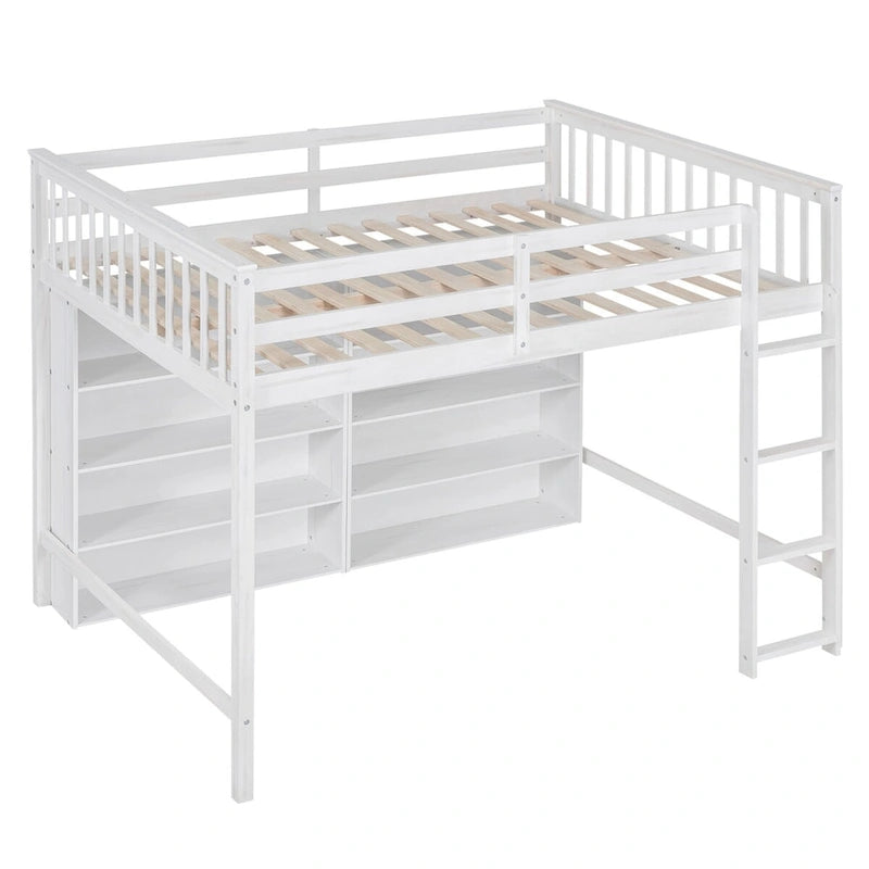 Letto a soppalco full size bianco/grigio con 8 ripiani portaoggetti e scaletta – 1 posto