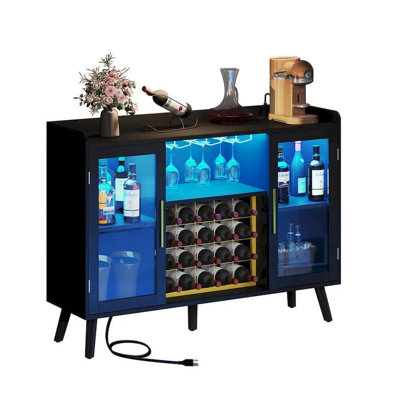 Mobile bar nero con luci a LED e prese di corrente, capacità 20 bottiglie, per 1 persona