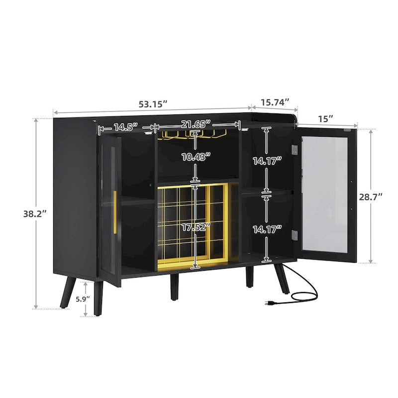 Mobile bar nero con luci a LED e prese di corrente, capacità 20 bottiglie, per 1 persona