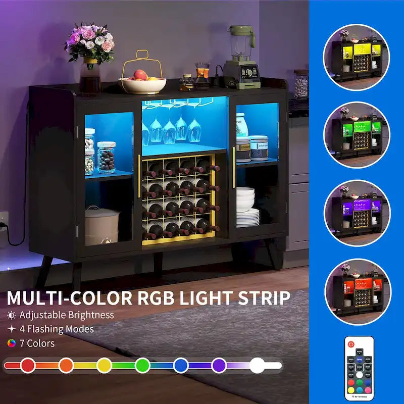 Mobile bar nero con luci a LED e prese di corrente, capacità 20 bottiglie, per 1 persona